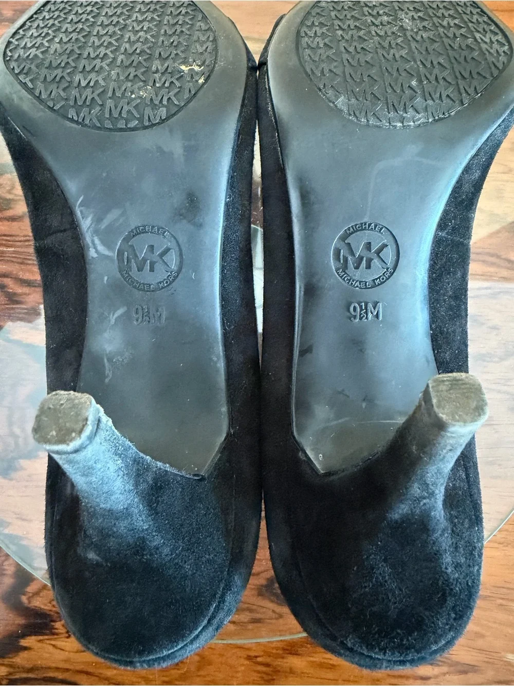 Michael Kors Caroline Black Suede Gold MK Logo Medallion Pointed Toe Pumps 9.5